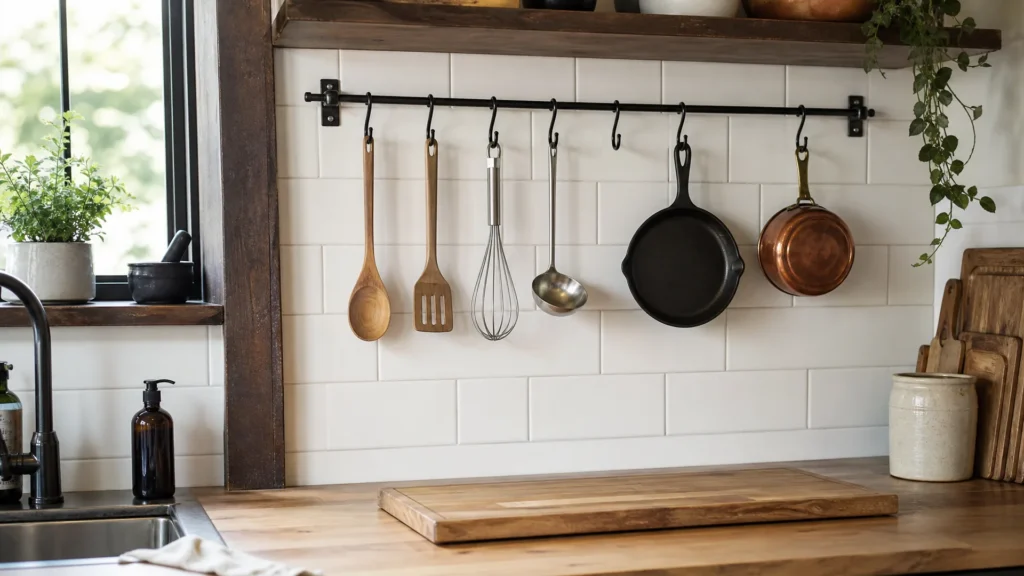 A matte black wall rail with S-hooks holding wooden utensils, a whisk and small pans above a kitchen counter
