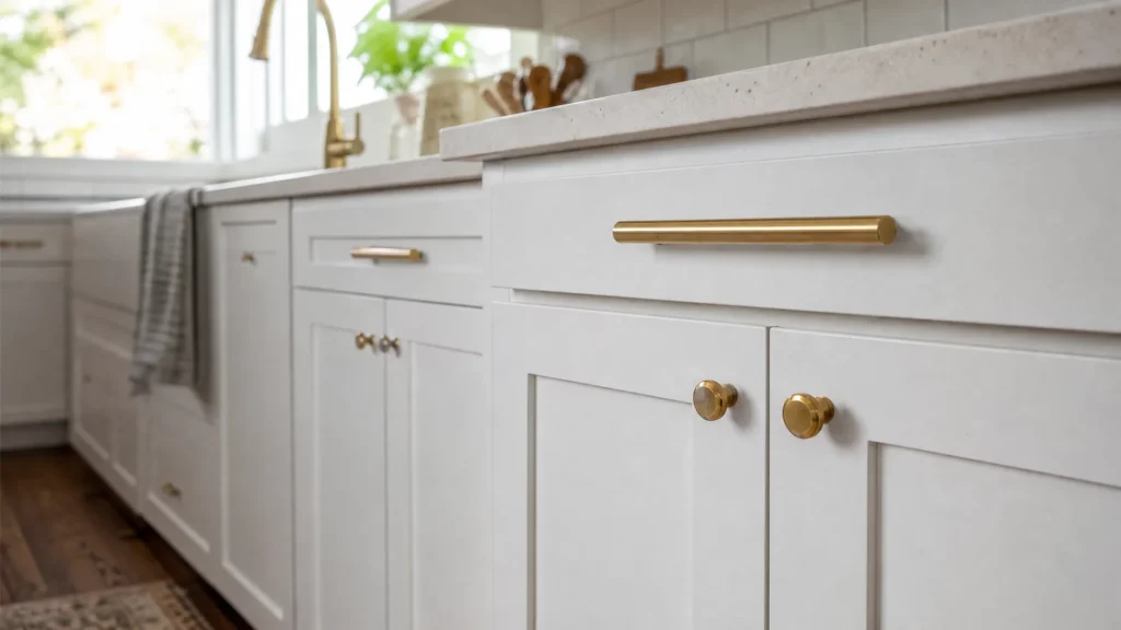 Close-up of new brushed brass bar pulls and knobs on white shaker kitchen cabinets