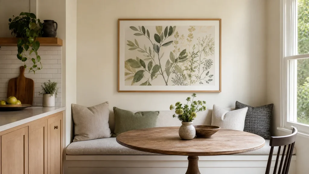 One large framed botanical print hung above a kitchen breakfast nook with banquette seating