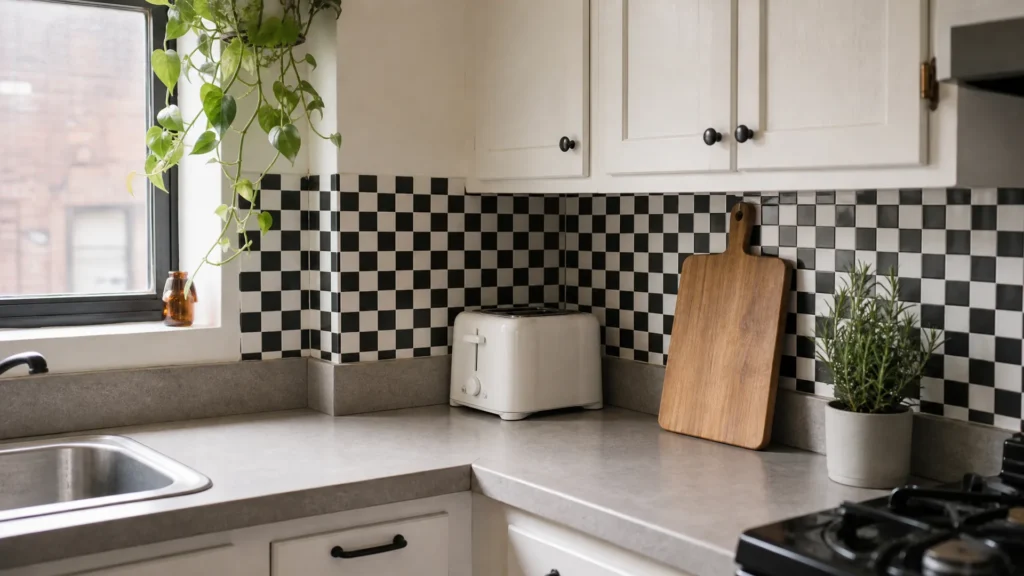 A peel-and-stick black and white checkerboard backsplash behind a kitchen counter with a toaster and a wood cutting board
