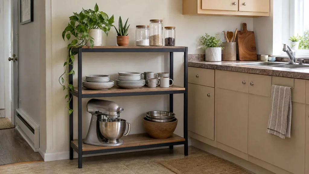 A freestanding wood and metal shelving unit in a rental kitchen, giving an open-shelf look without drilling