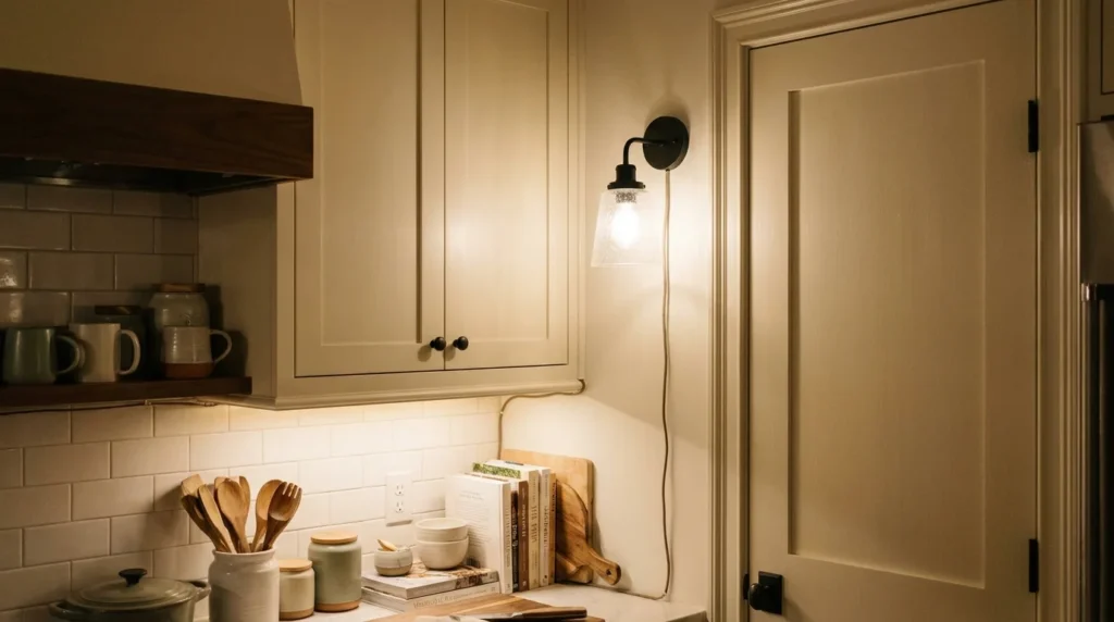 Renter-safe farmhouse kitchen lighting with a plug-in sconce and warm under-cabinet LED strip lighting the backsplash