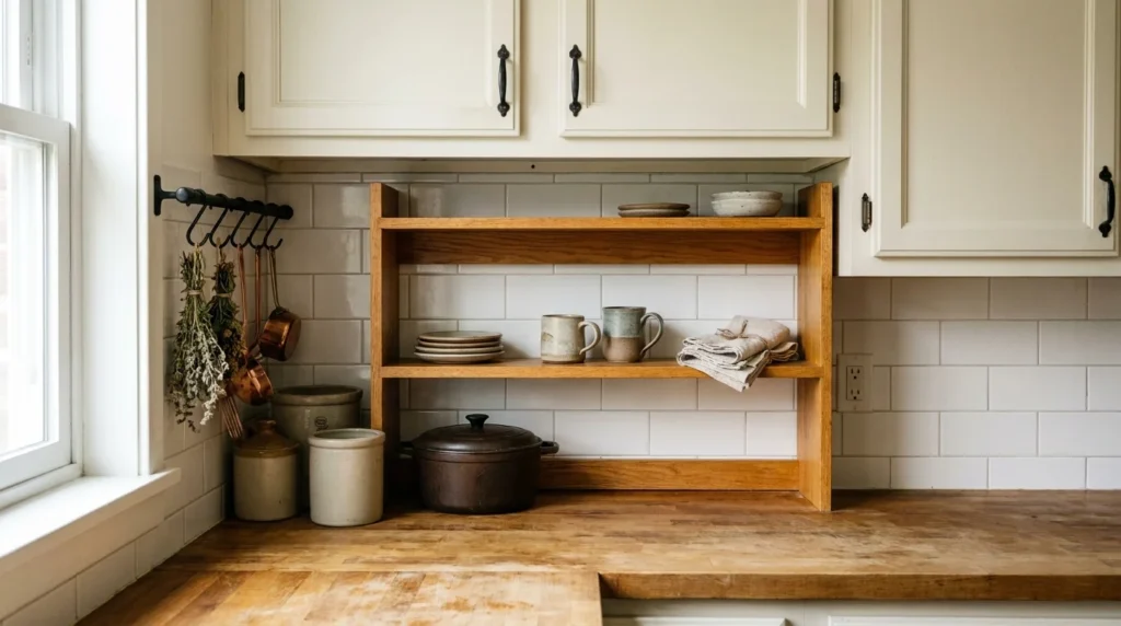Renter-safe farmhouse kitchen shelving using a freestanding countertop shelf unit and tension rod with no drilling required
