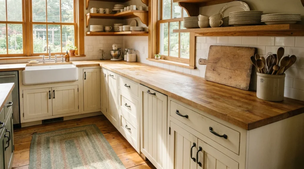 Rustic farmhouse kitchen decor ideas in a warm kitchen with cream cabinets, open shelving, butcher block and an apron-front sink