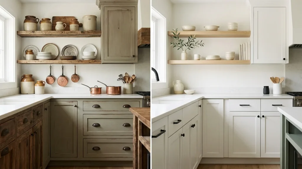 Rustic farmhouse kitchen compared with a modern farmhouse kitchen, showing the difference in wood tone, patina and object count