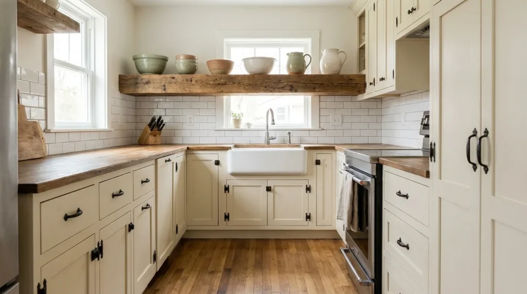 A small galley farmhouse kitchen with one reclaimed wood shelf above the sink as the single focal point and clear counters