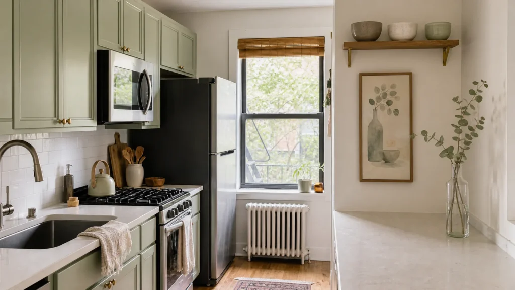 A small kitchen decorated vertically with one narrow framed print, a slim shelf and a tall vase, keeping the counters clear