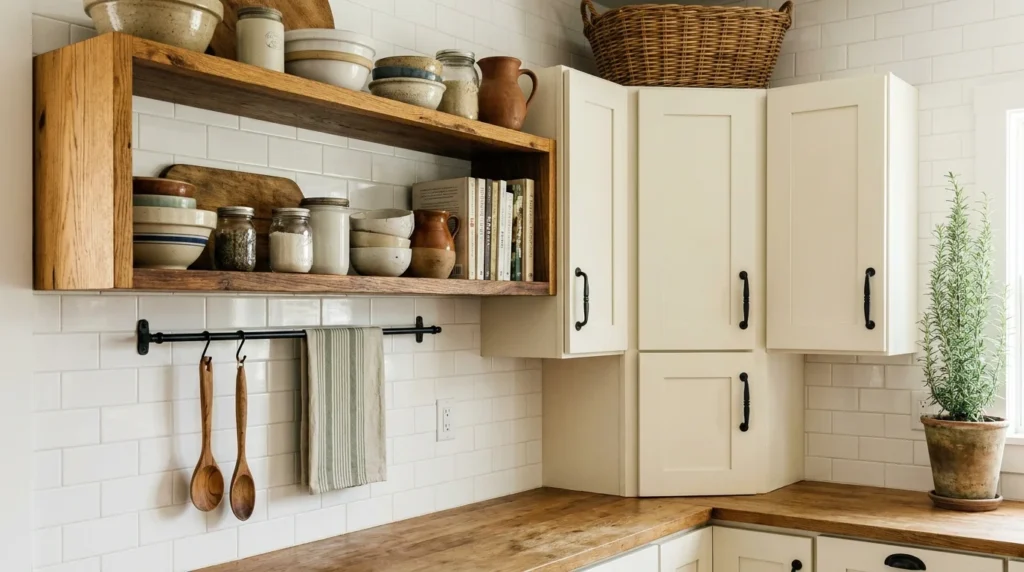Vertical farmhouse kitchen storage in a small space using one large wood shelf, a narrow utensil rail and a tall potted herb