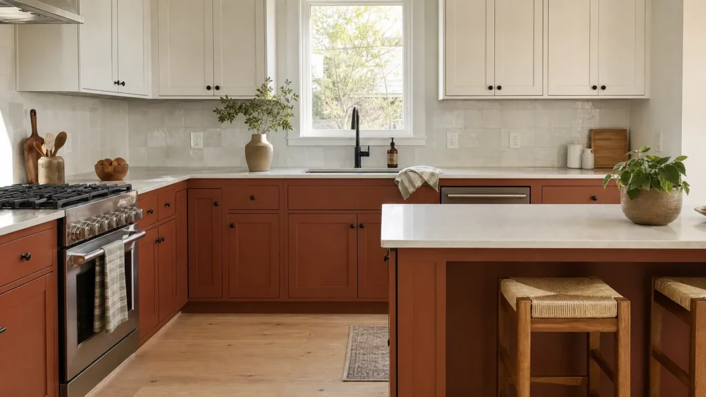 A two-tone kitchen with lower cabinets painted a warm clay color and light upper cabinets and countertops