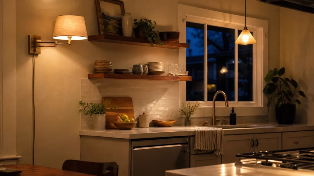 A kitchen at evening lit with warm 2700K light and a plug-in wall sconce beside open shelves