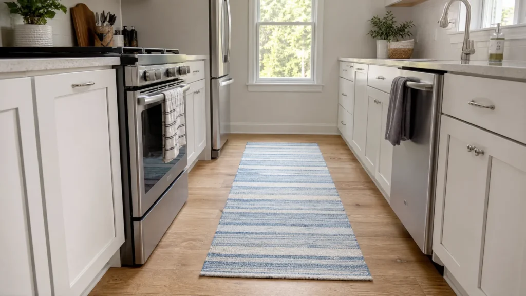 A washable striped runner rug down the walkway of a galley kitchen, leaving space at both ends