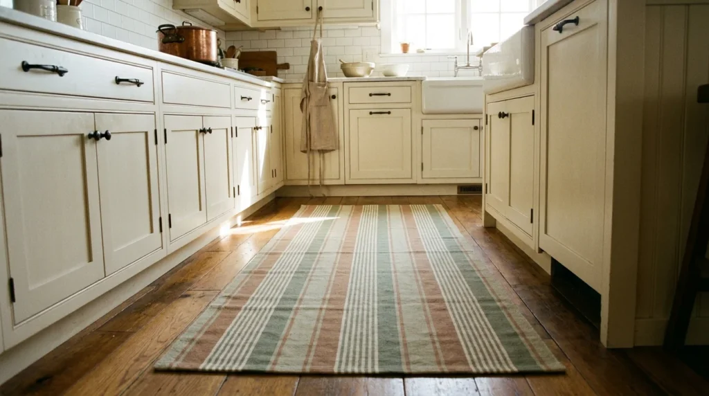 A low-pile flatweave cotton runner in muted stripes laid along the sink run of a farmhouse kitchen floor