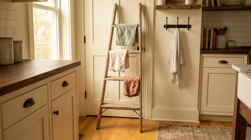 A weathered wood ladder leaning beside a pantry door with cotton towels draped over the rungs in a farmhouse kitchen