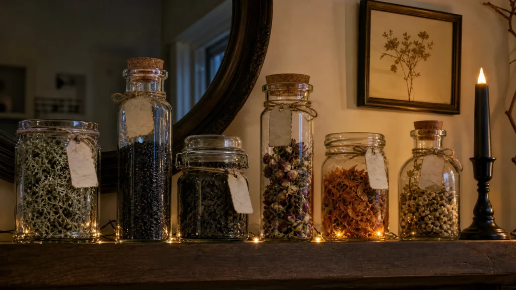 Six glass apothecary jars filled with dried moss, tea leaves and flowers, with blank paper tags, on a wooden mantel shelf.