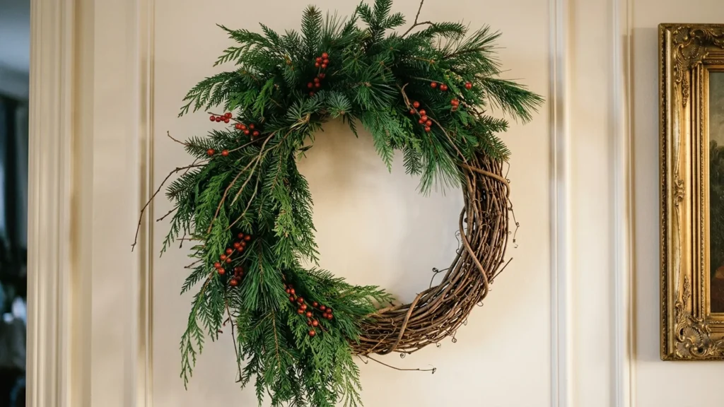 Loose asymmetrical Christmas wreath with garland and red berries attached to a grapevine base, hung on a cream wall