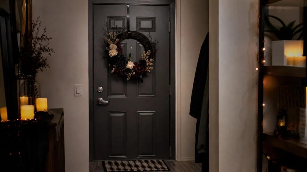 A black floral Halloween wreath with burgundy and cream faux flowers hanging on an apartment front door.