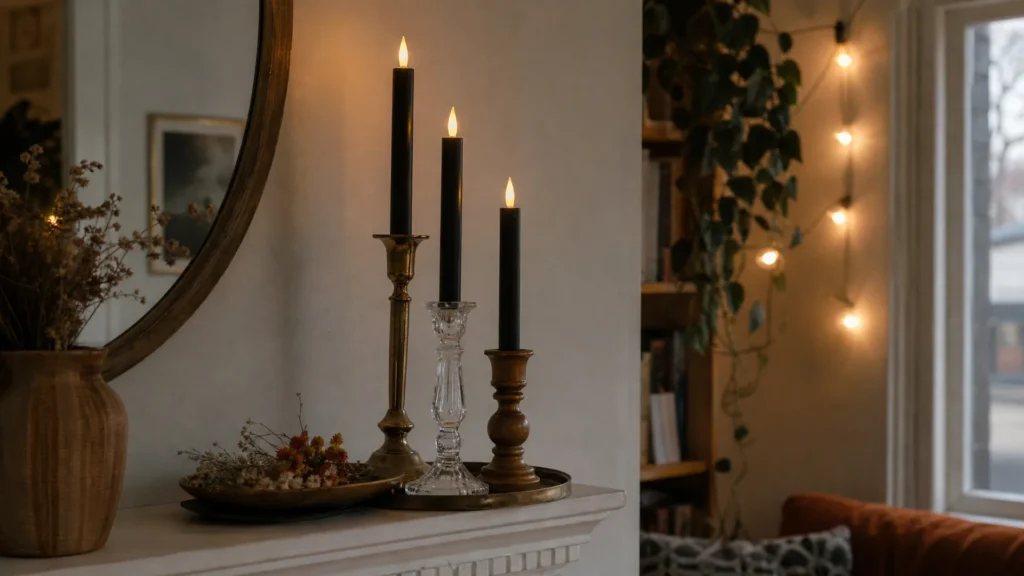 Three black LED taper candles in mismatched brass, glass and wood thrifted candlesticks on a tray with dried flowers.
