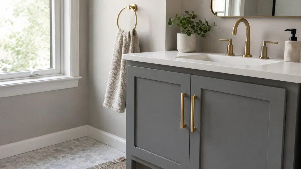 Gray bathroom vanity with brass cabinet pulls and a matching brass towel ring