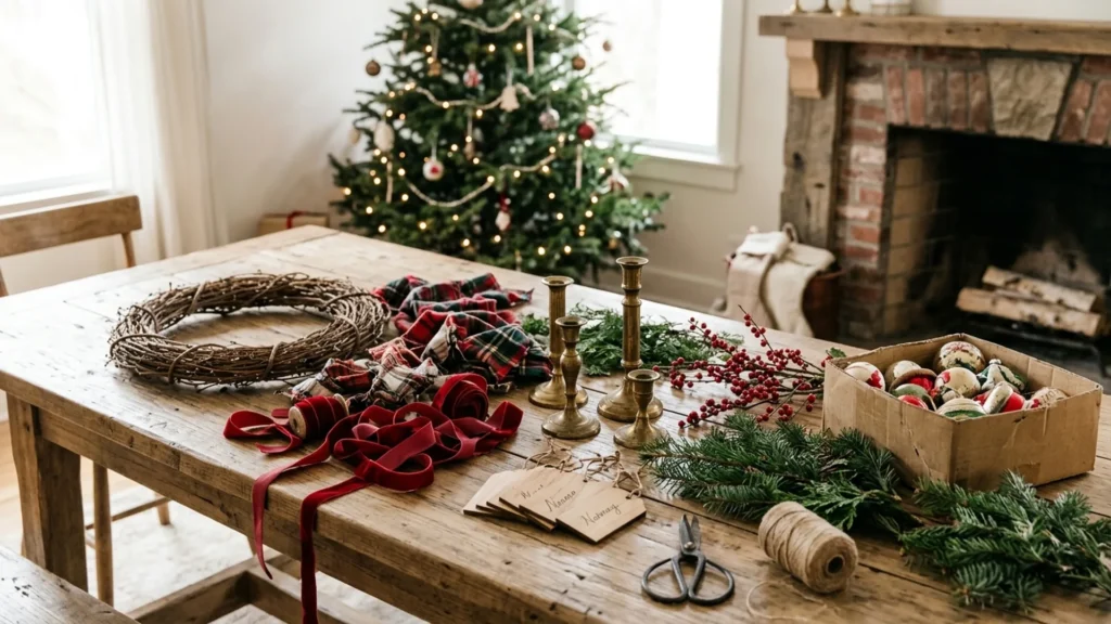 Budget Christmas decor supplies on a farmhouse table: grapevine wreath, plaid and velvet ribbon, brass candlesticks, greenery, berries and twine