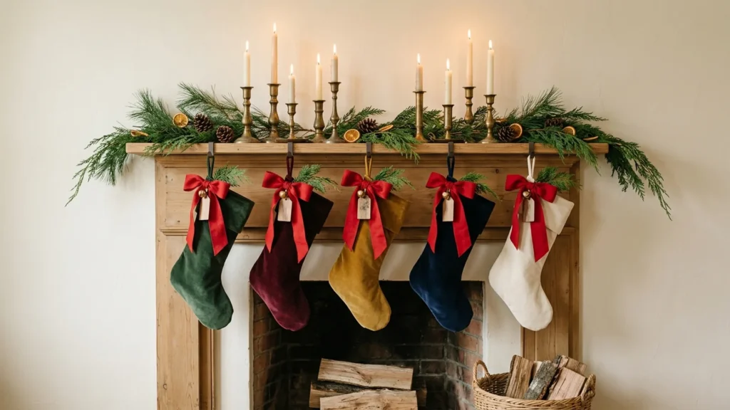 Budget velvet Christmas stockings in green, burgundy, gold, navy and cream with red bows hung along a simple mantel