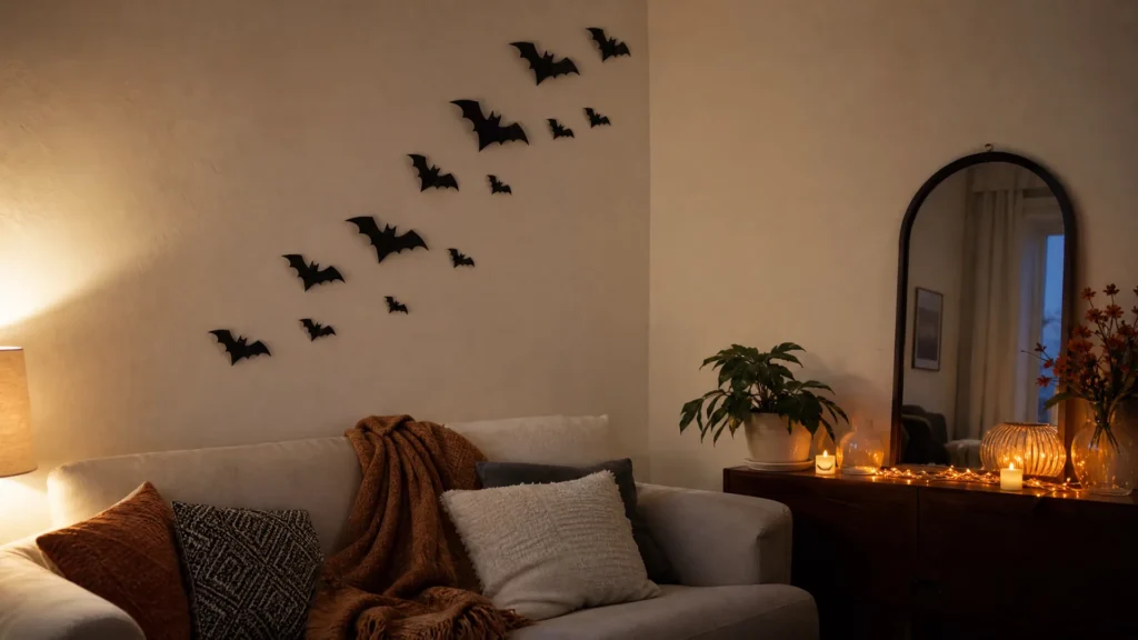 A flock of black cardstock bats climbing a cream living room wall above a sofa with rust and cream pillows.