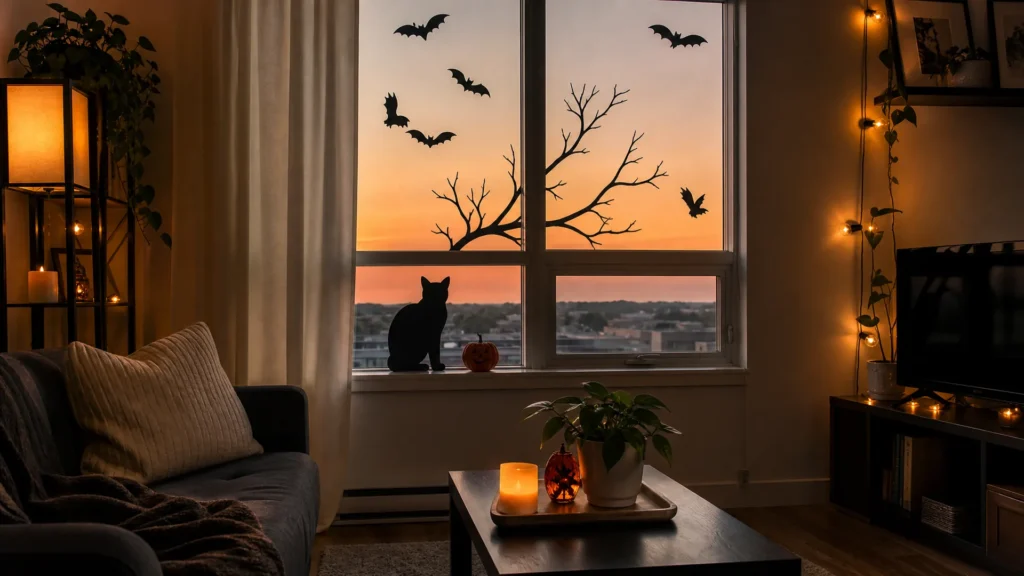 Black cardstock bats, a cat and a bare tree silhouette taped to an apartment window against an orange dusk sky.
