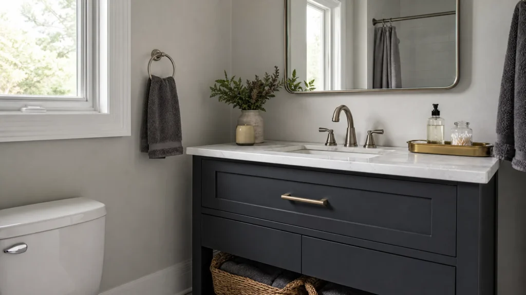 Charcoal bathroom vanity against light gray walls with a brass pull, a brass tray and dark hand towels