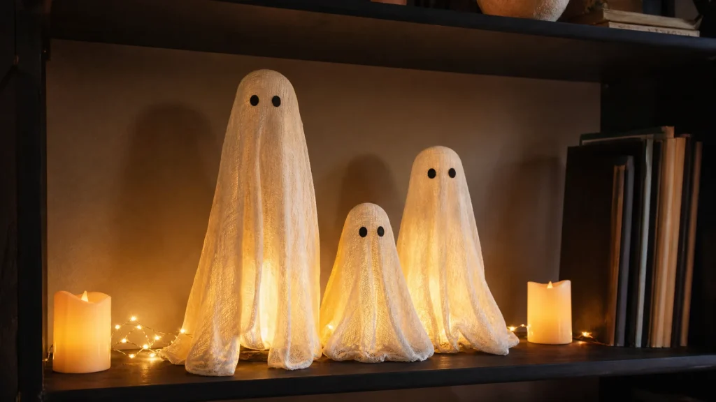 Three glowing stiffened cheesecloth ghosts of different heights on a dark bookshelf next to battery candles.