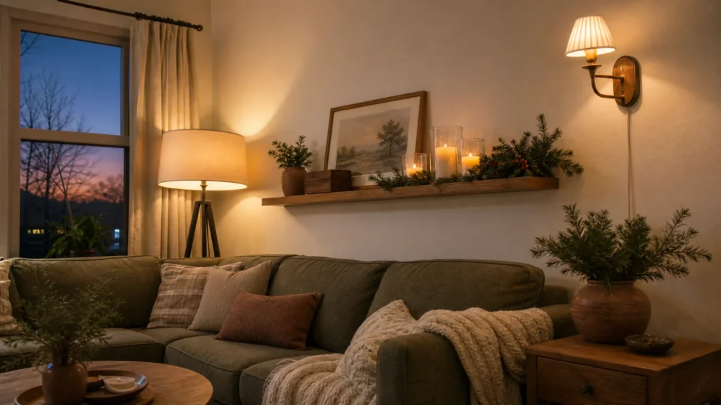 Flameless battery candles on a shelf with evergreen sprigs and a plug-in wall sconce with its cord tucked along the wall
