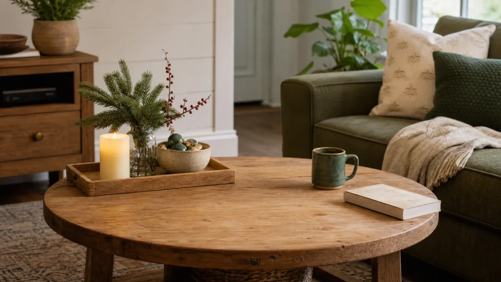 A round coffee table with a wood tray holding a battery candle, a greenery clipping and one bowl of ornaments, with clear table space around it