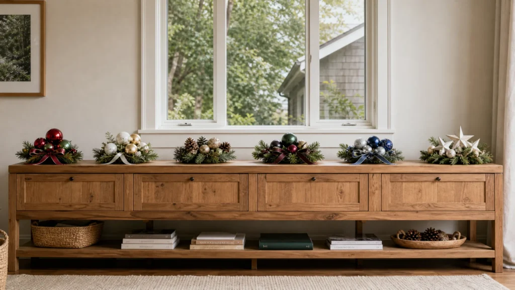 Six small Christmas decor vignettes on a console, each in a different color palette from red and green to Scandinavian white and wood