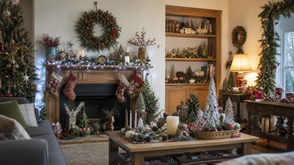 A crowded Christmas living room with decor on every surface, mismatched cool and warm lights and a heavy wreath on a small hook