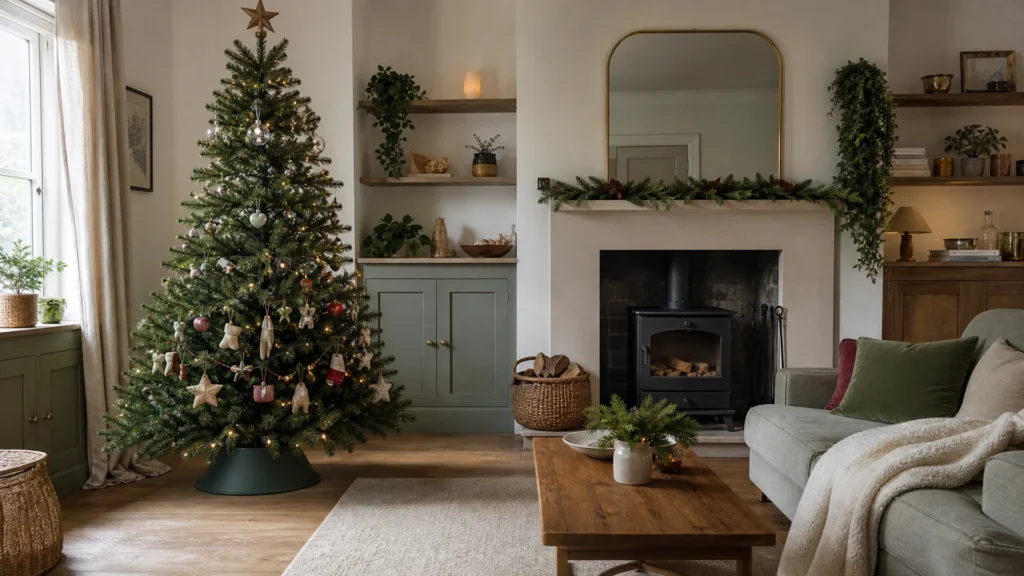A stable Christmas tree with unbreakable ornaments on the lower branches, tucked cords and a clear floor path