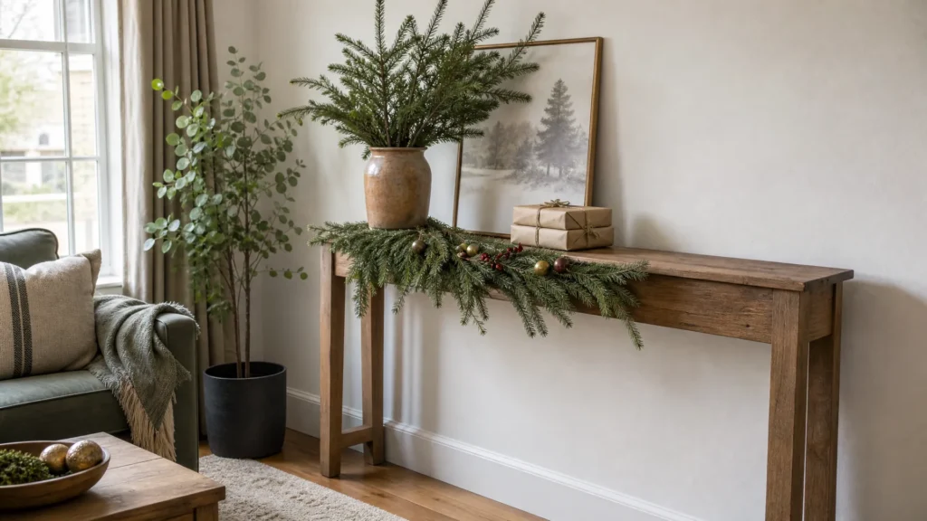 A wood console table styled as a faux mantel with evergreen branches, a short garland, ornaments and wrapped books
