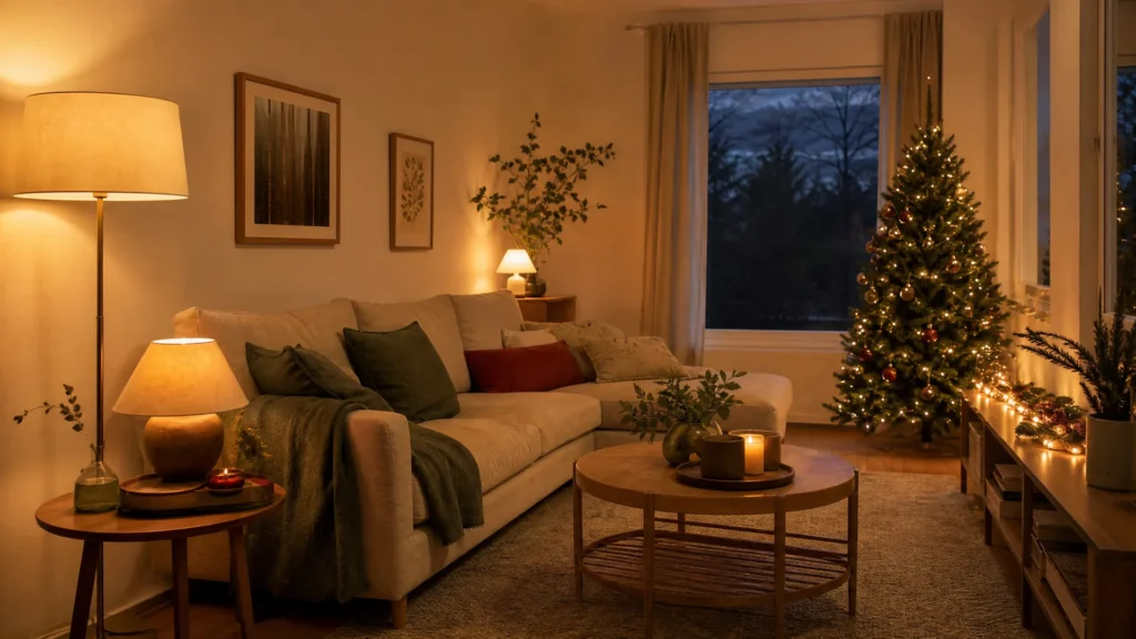 A living room glowing at three heights with a floor lamp, a table lamp and fairy lights on a low shelf beside the lit tree