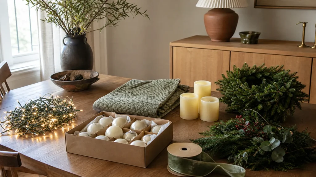 Budget Christmas decor laid out on a table: string lights, plain ornaments, a pillow cover, battery candles, a wreath and ribbon