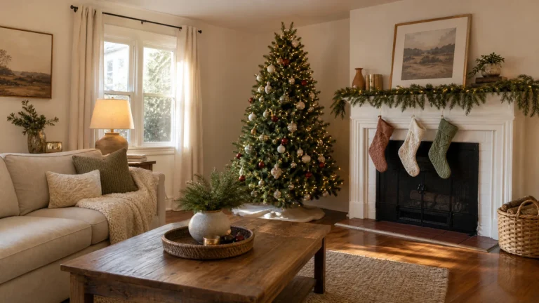 Christmas living room decor in a cozy neutral room with a decorated tree, a garland-draped mantel and a chunky throw on the sofa