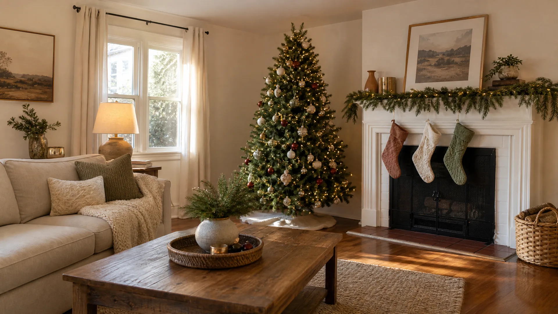 Christmas living room decor in a cozy neutral room with a decorated tree, a garland-draped mantel and a chunky throw on the sofa
