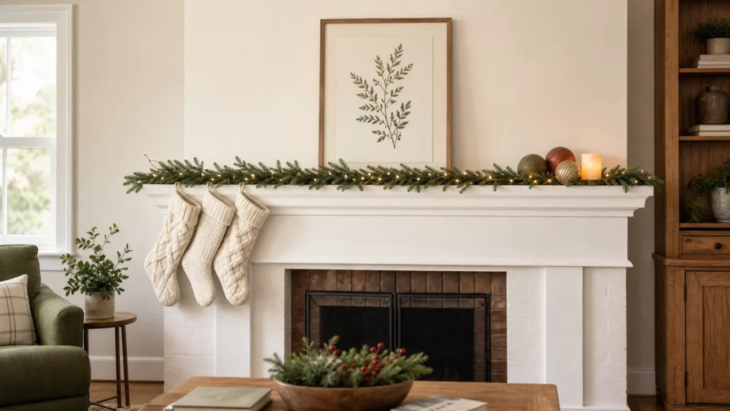 A white fireplace mantel with one long evergreen garland, three cream knit stockings, framed botanical art and a small ornament group