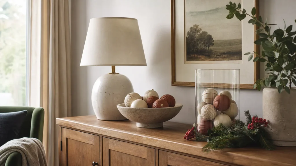 A glass hurricane and a shallow stoneware bowl filled with cream and clay ornaments on a wood sideboard