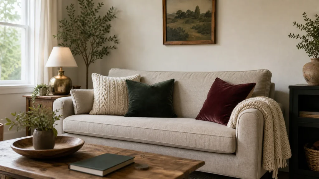 A linen sofa with cream knit, green velvet and berry-red velvet pillow covers and one chunky cream throw over the arm
