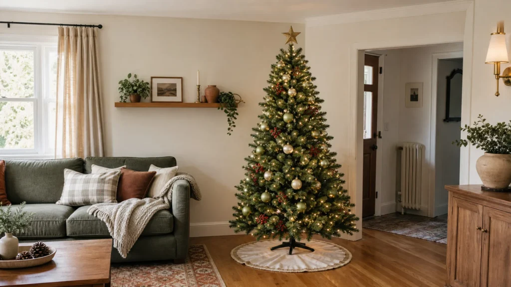 A 7-foot artificial Christmas tree with warm-white lights standing clear of the doorway and radiator under an 8-foot ceiling