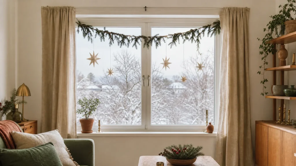 A living room window with a lightweight evergreen garland and cream paper stars hung on removable hooks