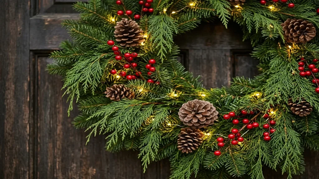 Close-up of a DIY Christmas wreath with traditional pine and Norfolk pine garland, red berries, pinecones and tiny lights