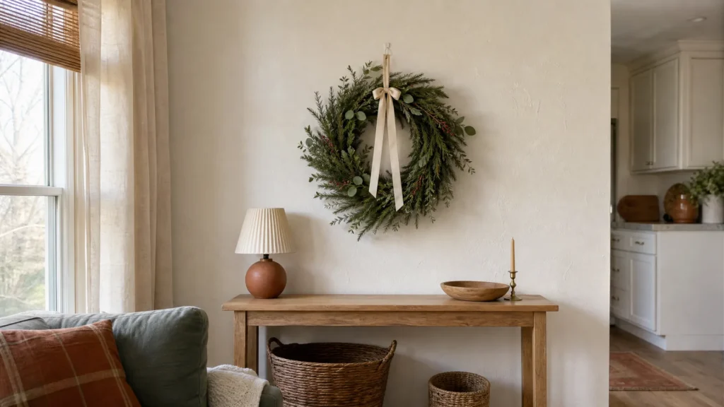 A lightweight evergreen wreath with a cream ribbon hung on a removable adhesive hook above a narrow console table