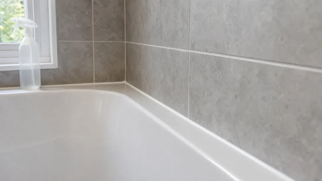 Gray tile shower corner with clean grout lines and a fresh white caulk bead along the tub edge