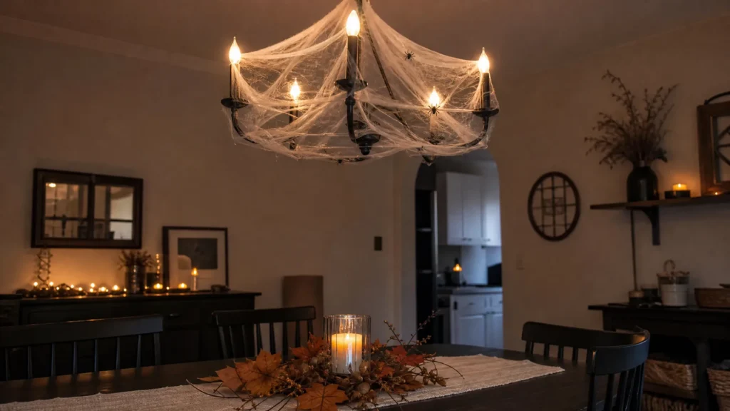 A dining room chandelier draped in stretchy cobweb with small black spiders and soft glowing candle-style bulbs.