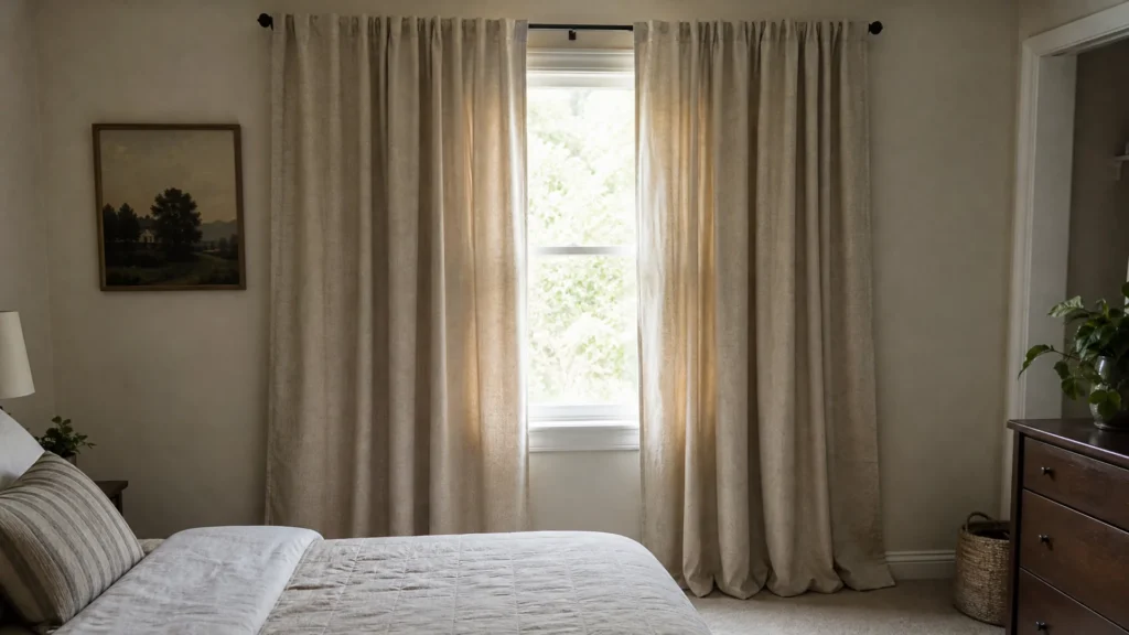 Floor-length lined curtain panels framing a bedroom window on a basic tension rod
