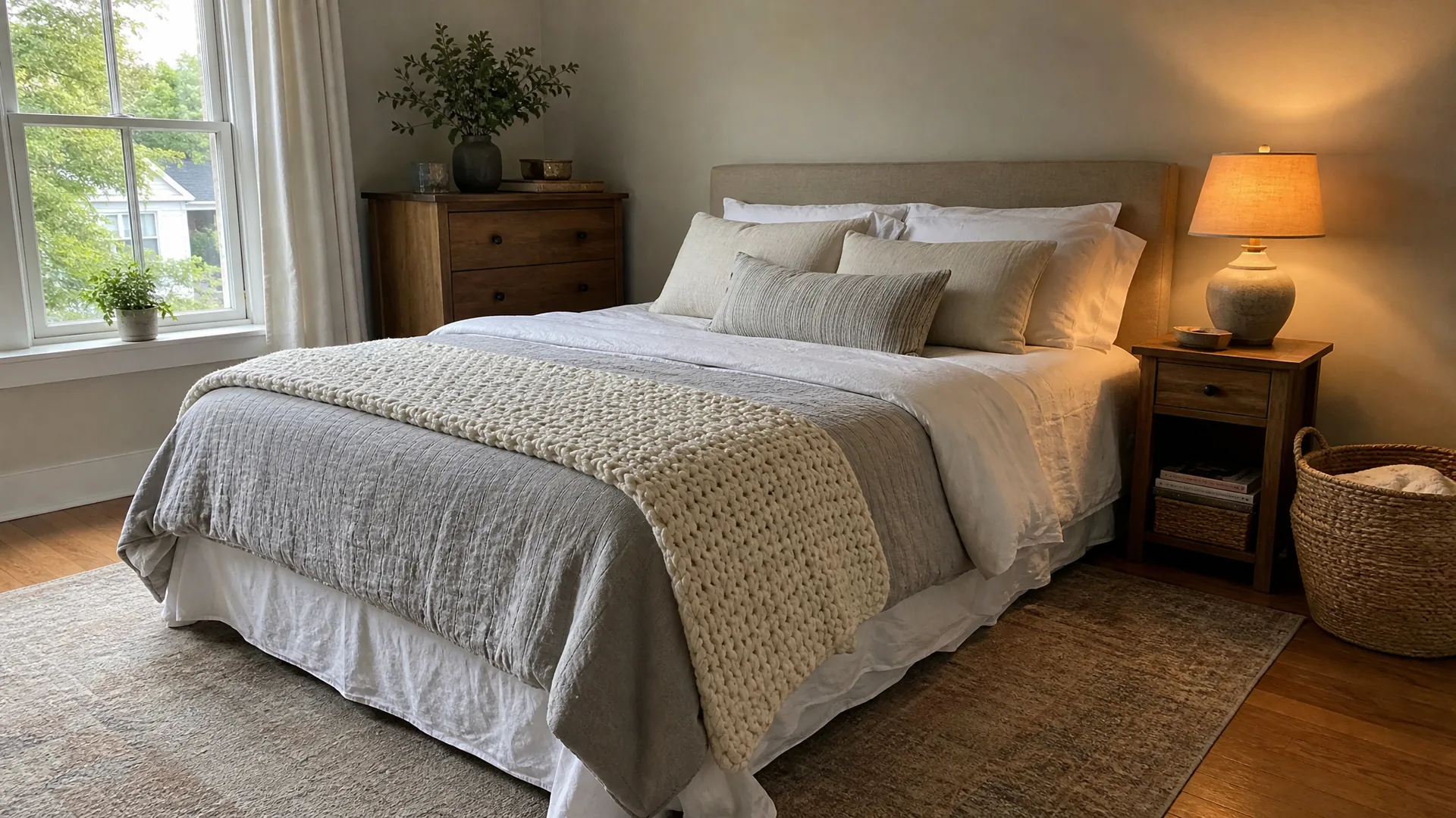A cozy bedroom decorated on a budget with layered bedding, a warm-lit lamp, and a woven throw