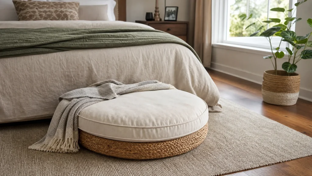 A low-pile rug layered with a round floor cushion at the foot of a bed